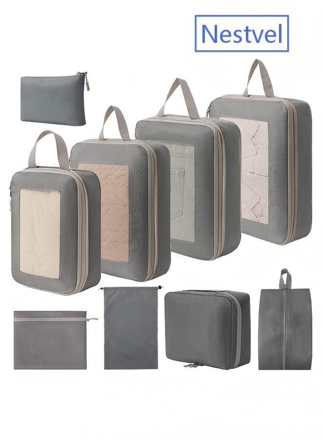Nestvel 9 Set Compression Packing Cubes for Travel,Lightweight Vacation Travel Essentials，Travel Accessories for Suitcase Organizer Bags Set ， Compressible Expandable Travel Packing Organizer with Double Zipper, Travel Essentials for Carry on Luggage，Durable Luggage Organizer Travel Bags，Grey - Image 1